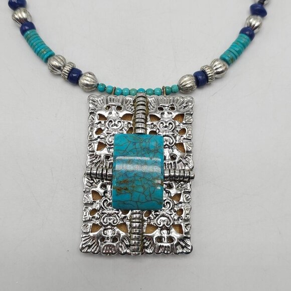 Heishi Turquoise Openwork Silver Tone Pendant Necklace With Adjustable Chain - Picture 2 of 6